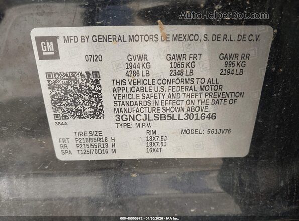 3GNCJLSB5LL301646 2020 CHEVROLET TRAX Black Շարժիչի բաժամունքի տեսք