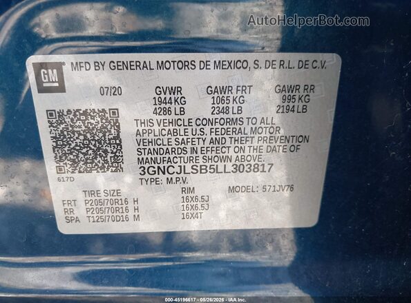 3GNCJLSB5LL303817 2020 CHEVROLET TRAX Blue 