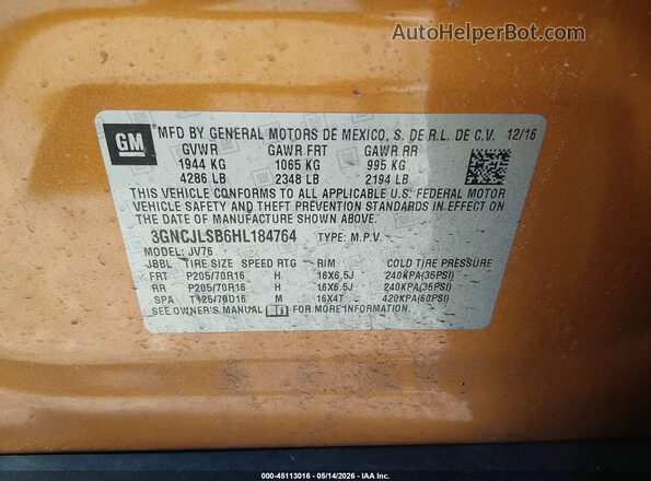 3GNCJLSB6HL184764 2017 CHEVROLET TRAX Orange ძრავის განყოფილების ხედი