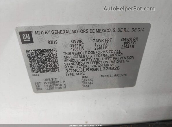 3GNCJLSB6KL329826 2019 CHEVROLET TRAX White 
