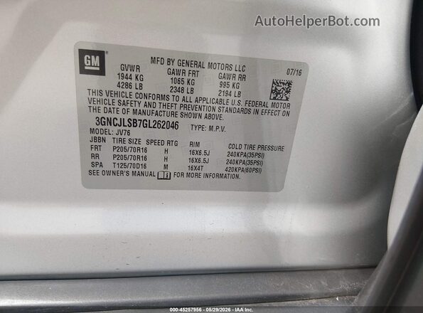 3GNCJLSB7GL262046 2016 CHEVROLET TRAX Silver Engine compartment view