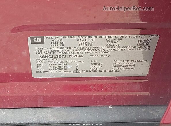 3GNCJLSB7JL232245 2018 CHEVROLET TRAX Red Вид підкапотного простору