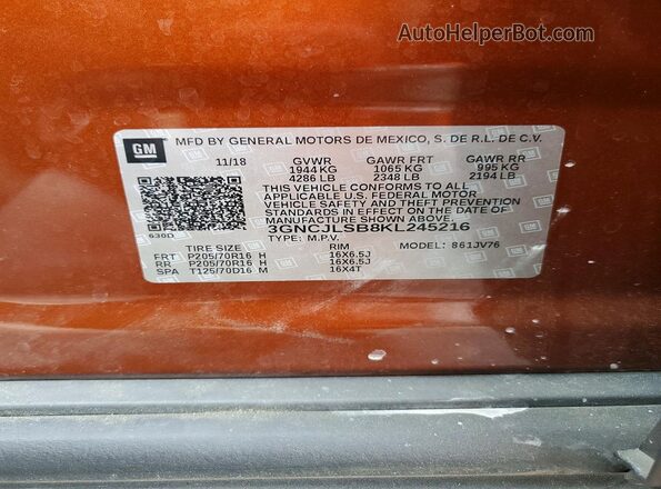 3GNCJLSB8KL245216 2019 CHEVROLET TRAX Orange Widok wnętrza 360 stopni