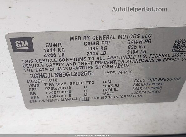 3GNCJLSB9GL202561 2016 CHEVROLET TRAX White Вид підкапотного простору