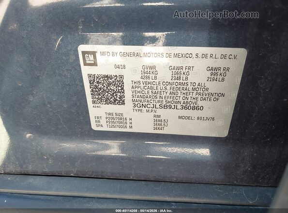 3GNCJLSB9JL360860 2018 CHEVROLET TRAX Blue 
