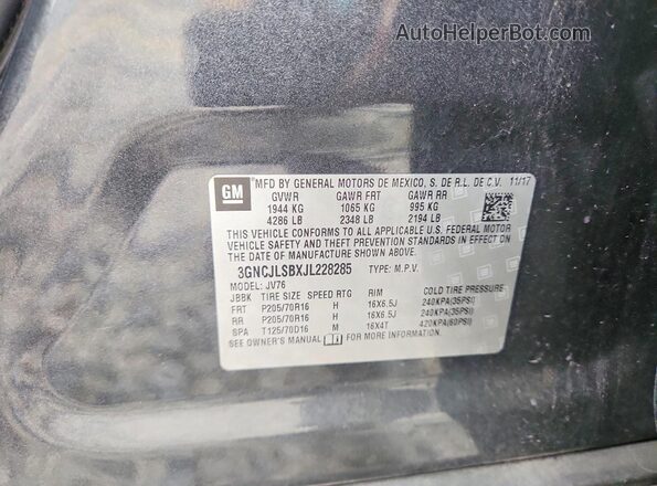 3GNCJLSBXJL228285 2018 CHEVROLET TRAX Gray 