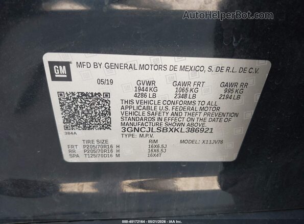 3GNCJLSBXKL386921 2019 CHEVROLET TRAX Black 