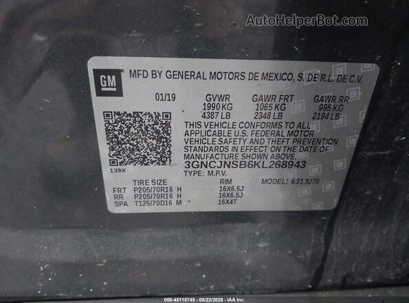 3GNCJNSB6KL268943 2019 CHEVROLET TRAX Gray Engine compartment view