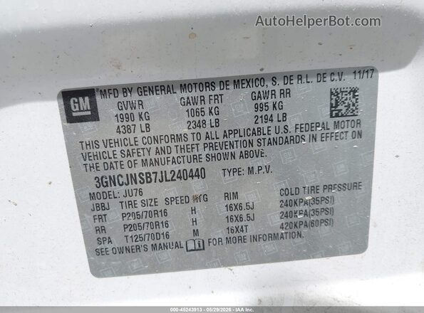 3GNCJNSB7JL240440 2018 CHEVROLET TRAX White 