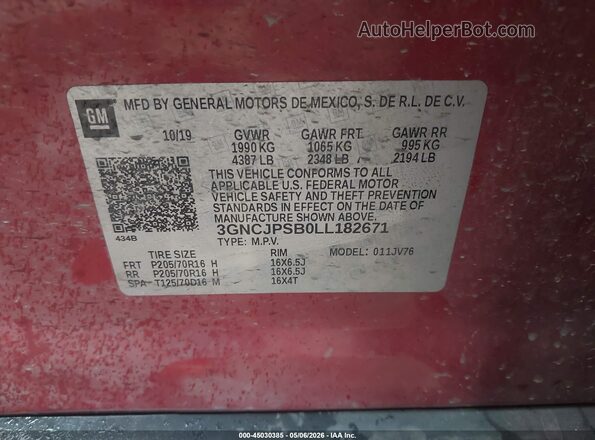 3GNCJPSB0LL182671 2020 CHEVROLET TRAX Red 