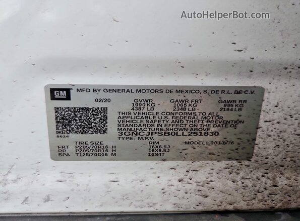 3GNCJPSB0LL251830 2020 CHEVROLET TRAX White 