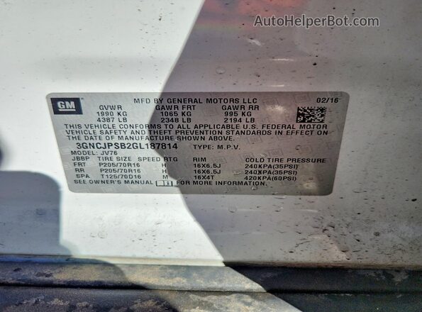 3GNCJPSB2GL187814 2016 CHEVROLET TRAX White Vista de la etiqueta del VIN