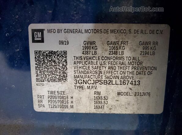 3GNCJPSB2LL167413 2020 CHEVROLET TRAX Blue 