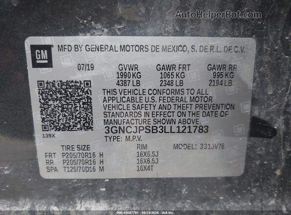 3GNCJPSB3LL121783 2020 CHEVROLET TRAX Gray Вид підкапотного простору
