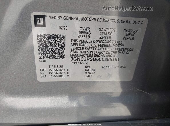 3GNCJPSB6LL265151 2020 CHEVROLET TRAX Gray Вид підкапотного простору