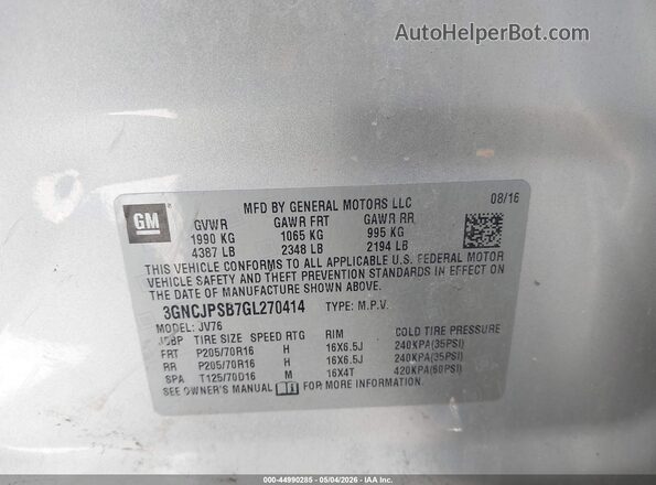 3GNCJPSB7GL270414 2016 CHEVROLET TRAX Silver ძრავის განყოფილების ხედი