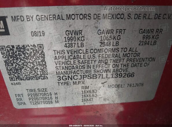 3GNCJPSB7LL139266 2020 CHEVROLET TRAX Red Vista del compartimento del motor