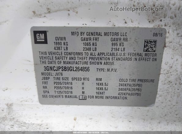 3GNCJPSB9GL264856 2016 CHEVROLET TRAX White 