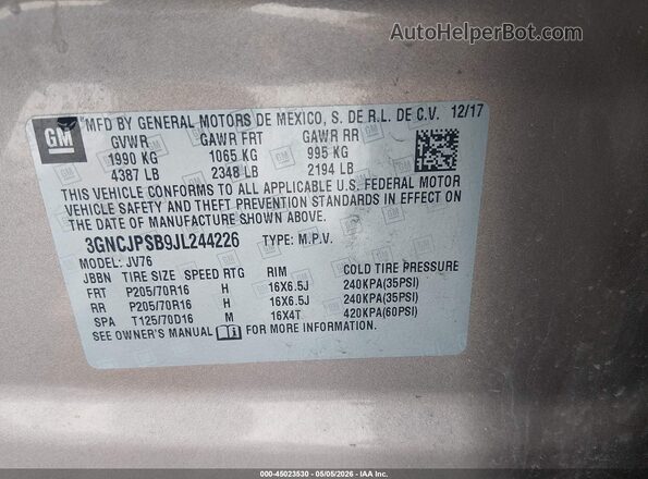 3GNCJPSB9JL244226 2018 CHEVROLET TRAX Brown 