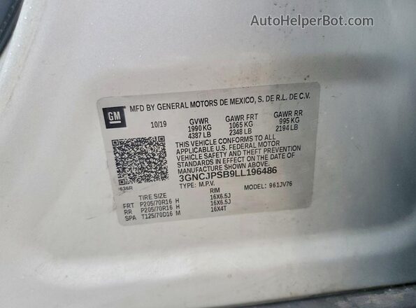 3GNCJPSB9LL196486 2020 CHEVROLET TRAX Silver 