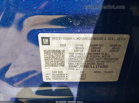 3GNCJRSB7LL174353 2020 CHEVROLET TRAX Dark Blue Շարժիչի բաժամունքի տեսք