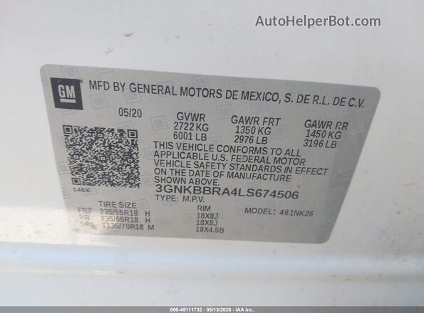 3GNKBBRA4LS674506 2020 CHEVROLET BLAZER White Widok komory silnika