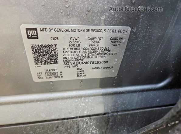 3GNKBCR40TS153069 2026 CHEVROLET BLAZER Gray Vista de la etiqueta del VIN