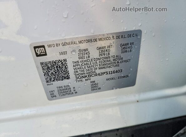 3GNKBCR42PS116403 2023 CHEVROLET BLAZER White Вид наклейки з VIN-кодом