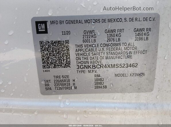 3GNKBCR4XMS523462 2021 CHEVROLET BLAZER White 