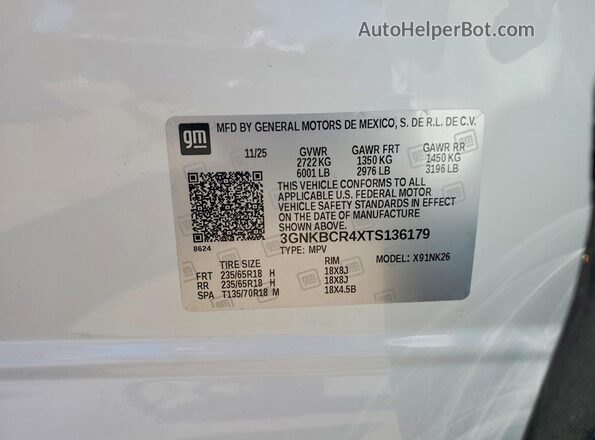 3GNKBCR4XTS136179 2026 CHEVROLET BLAZER White VIN კოდის სტიკერის ხედი