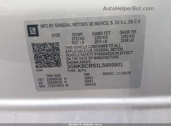 3GNKBCRS1LS699801 2020 CHEVROLET BLAZER Silver Вид підкапотного простору
