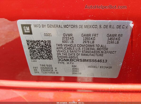 3GNKBCRS8MS554613 2021 CHEVROLET BLAZER Red ძრავის განყოფილების ხედი