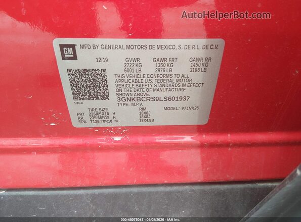 3GNKBCRS9LS601937 2020 CHEVROLET BLAZER Red Engine compartment view