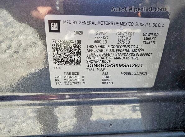 3GNKBCRSXMS512671 2021 CHEVROLET BLAZER Charcoal Widok naklejki z numerem VIN