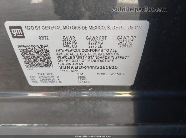 3GNKBDR44NS180915 2022 CHEVROLET BLAZER Gray ძრავის განყოფილების ხედი