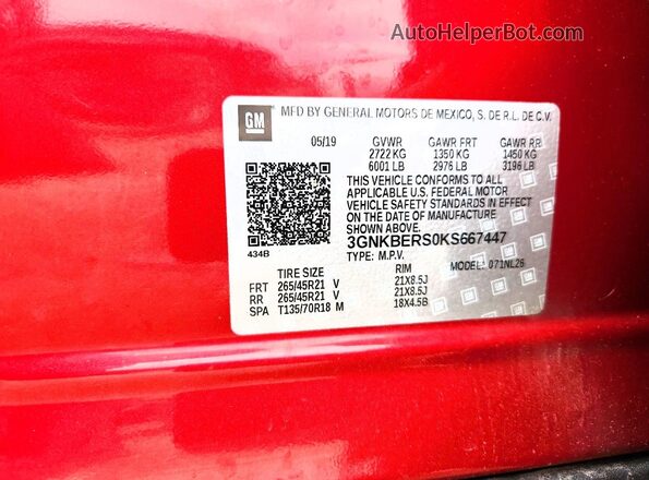 3GNKBERS0KS667447 2019 CHEVROLET BLAZER Red Вид наклейки з VIN-кодом