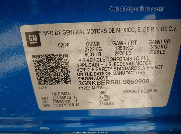 3GNKBERS0LS650908 2020 CHEVROLET BLAZER Blue ძრავის განყოფილების ხედი