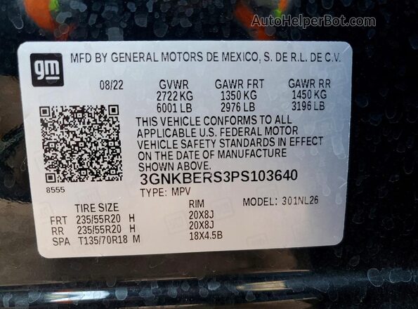 3GNKBERS3PS103640 2023 CHEVROLET BLAZER Black Вид наклейки з VIN-кодом