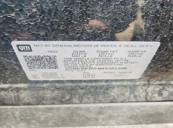 3GNKBERS4MS581366 2021 CHEVROLET BLAZER Black Вид наклейки з VIN-кодом