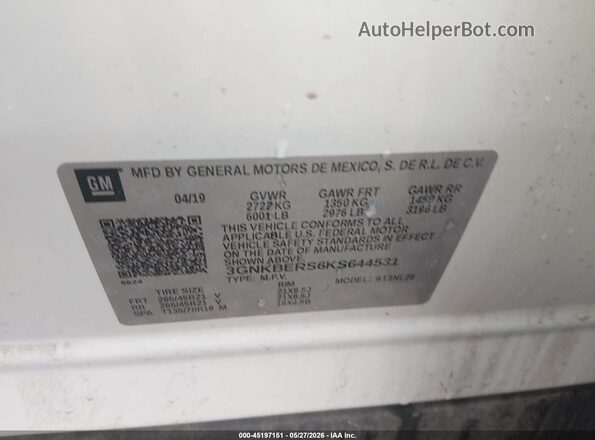 3GNKBERS6KS644531 2019 CHEVROLET BLAZER White Widok komory silnika