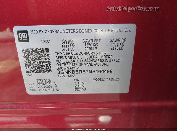 3GNKBERS7NS164499 2022 CHEVROLET BLAZER Red ძრავის განყოფილების ხედი