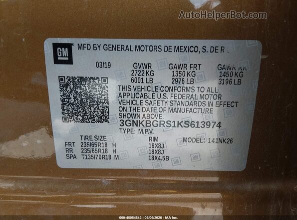 3GNKBGRS1KS613974 2019 CHEVROLET BLAZER Brown Вид підкапотного простору