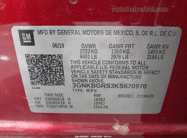 3GNKBGRS3KS670970 2019 CHEVROLET BLAZER Burgundy Вид підкапотного простору