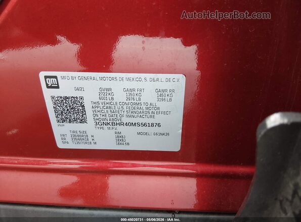 3GNKBHR40MS561876 2021 CHEVROLET BLAZER Red 