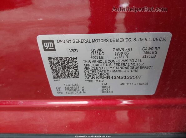 3GNKBHR43NS132507 2022 CHEVROLET BLAZER Red Engine compartment view