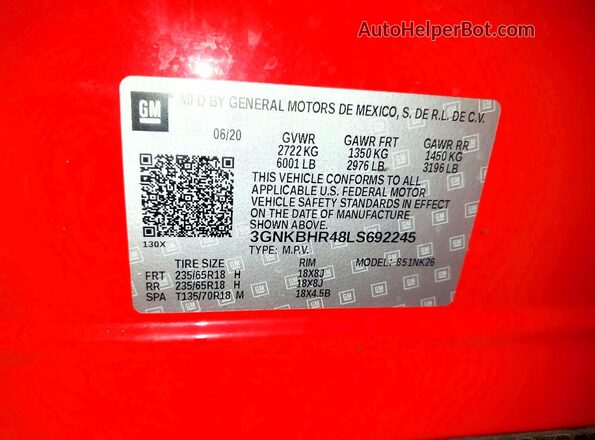 3GNKBHR48LS692245 2020 CHEVROLET BLAZER Red VIN կոդի պիտակի տեսք