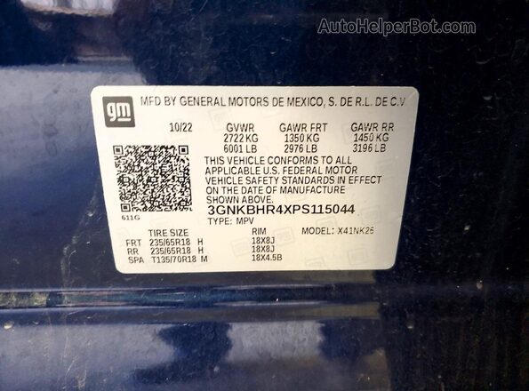 3GNKBHR4XPS115044 2023 CHEVROLET BLAZER Blue Вид наклейки з VIN-кодом