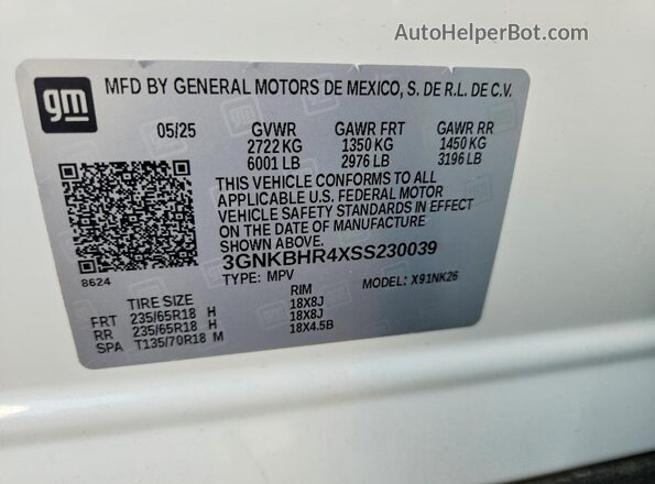 3GNKBHR4XSS230039 2025 CHEVROLET BLAZER White Սալոնի 360 աստիճան տեսք