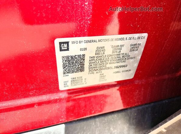 3GNKBHRS0LS629963 2020 CHEVROLET BLAZER Red Вид наклейки з VIN-кодом