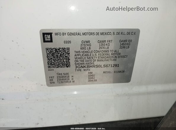 3GNKBHRS0LS671291 2020 CHEVROLET BLAZER White Շարժիչի բաժամունքի տեսք